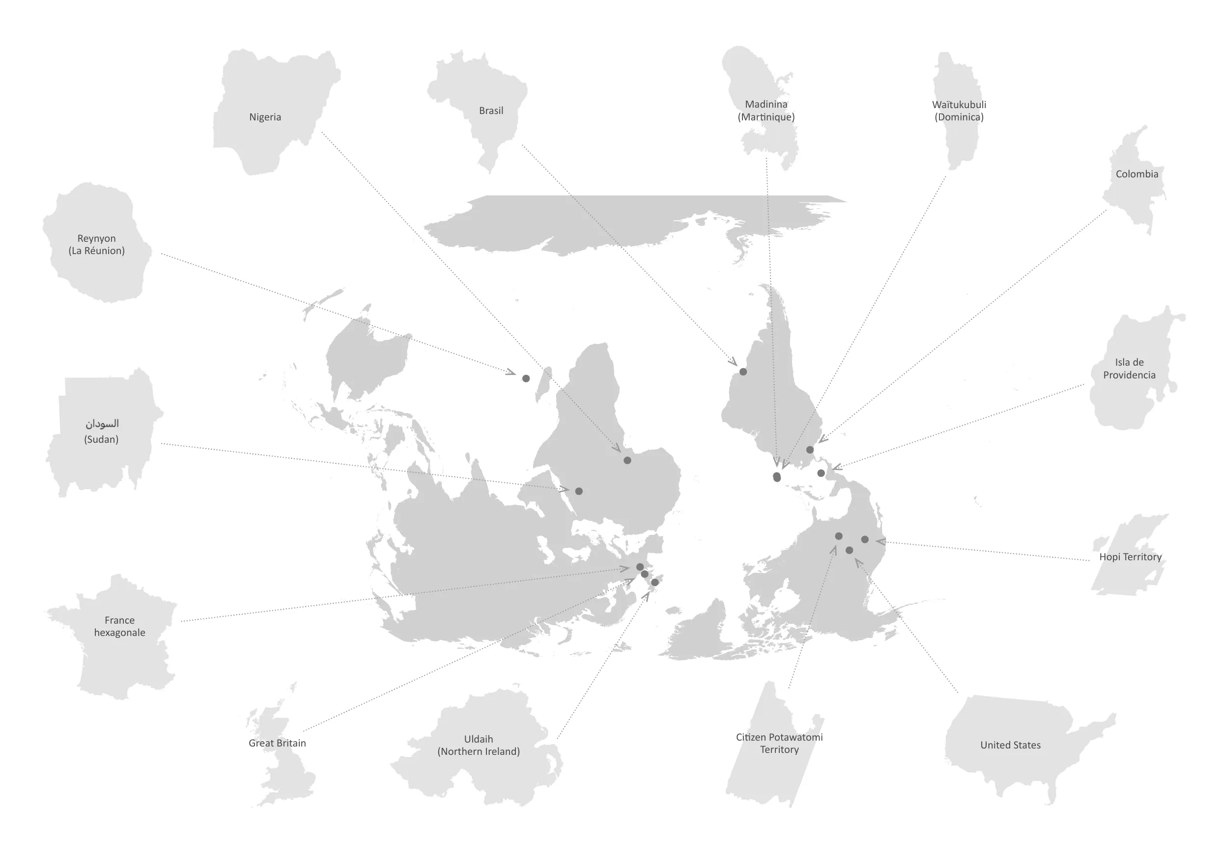 Carte du monde inversée situant les territoires d’où proviennent les contributions : Nigeria, Brasil, Madinina (Martinique), Waïtukubuli (Dominica), Colombia, Reynyon (La Réunion), Soudan, Isla de Providencia, Hopi Territory, France hexagonale, Great Britain, Uldaih (Northern Ireland), Citizen Potawatomi Territory, United States.