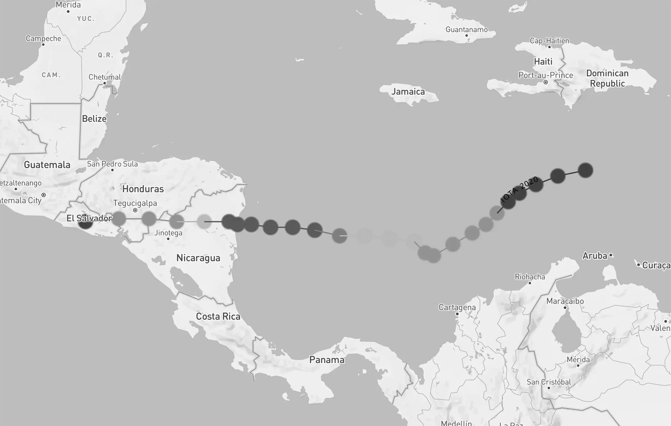 Trajectoire d’ouragan Iota, du 12 au 18 novembre 2020. Source : NOAA Historical Hurricane Tracks, <https://coast.noaa. gov/hurricanes/>