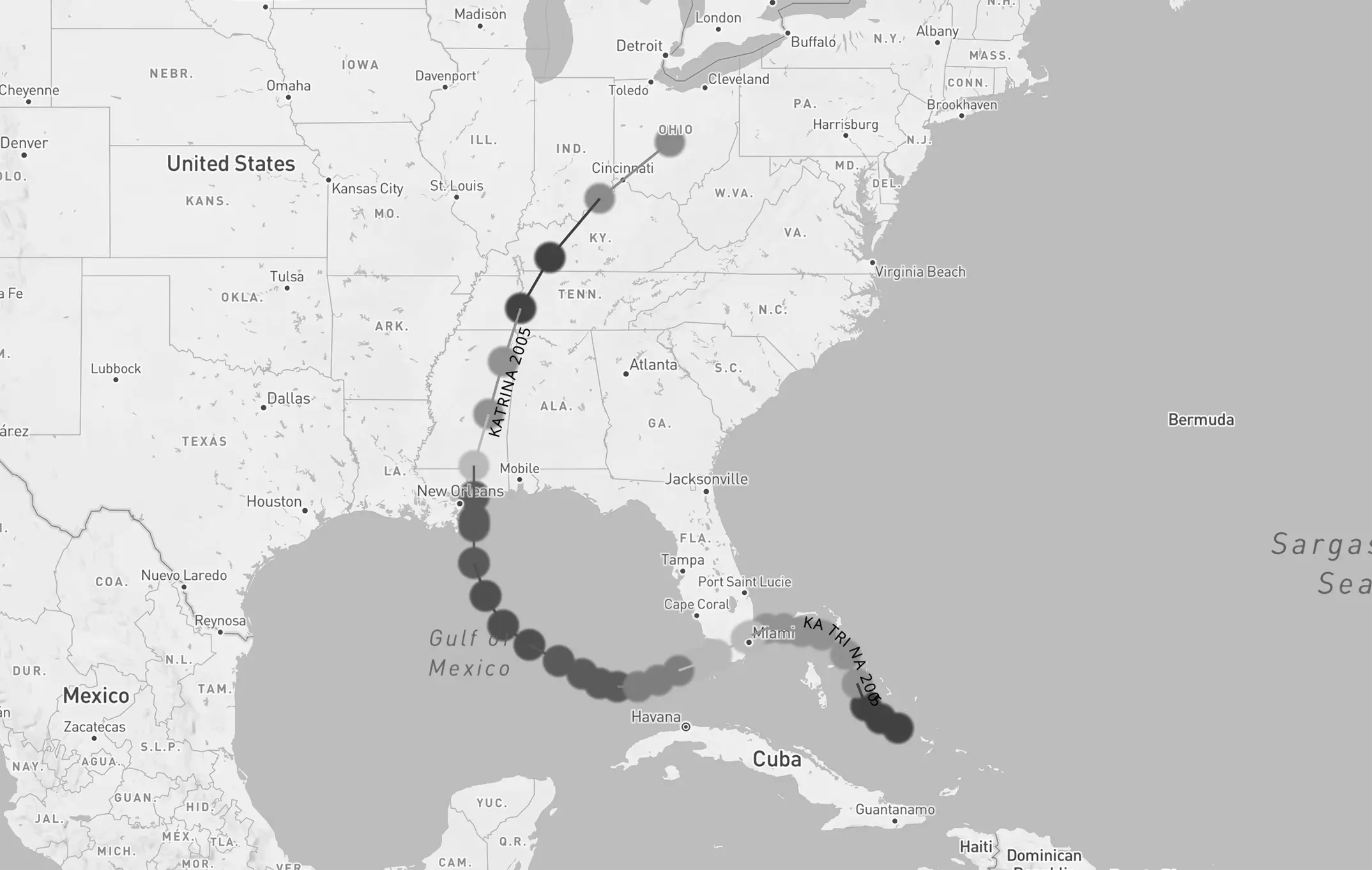 Trajectoire d’ouragan Katrina, du 23 au 31 août 2005. Source : NOAA Historical Hurricane Tracks, https://coast.noaa.gov/hurricanes/