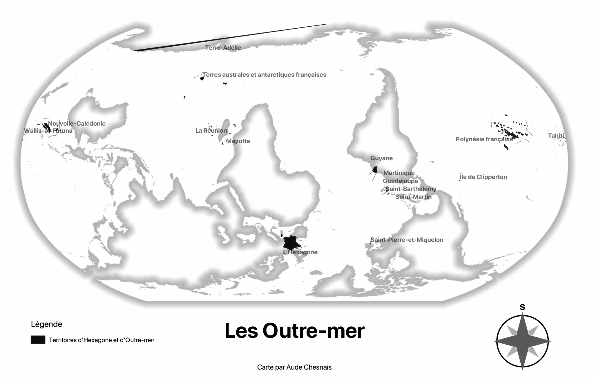 Carte des Outre-mer français réalisée par Aude Chesnais en 2021.