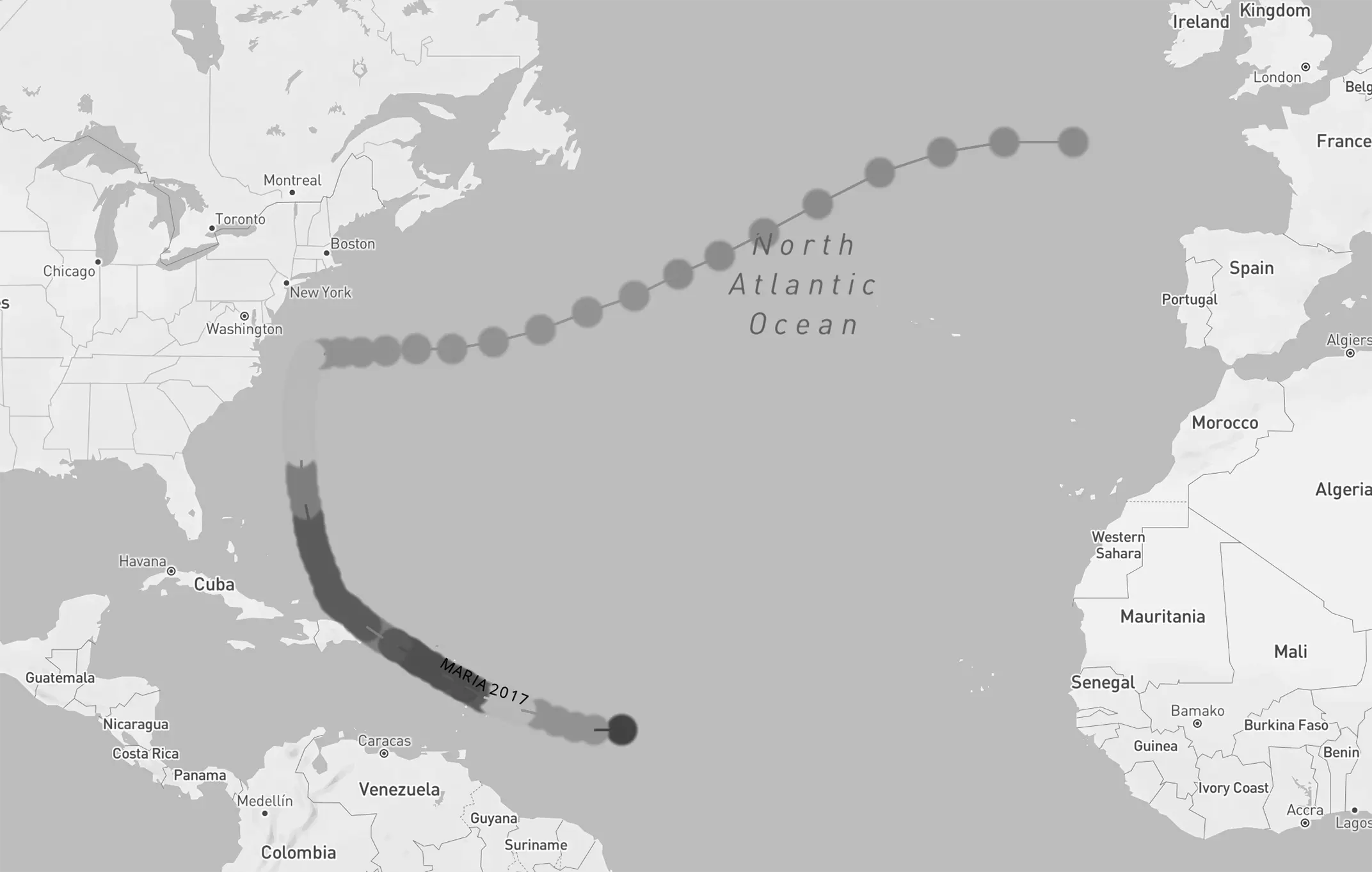 Trajectoire d’ouragan Maria, du 16 septembre au 2 octobre 2017. Source : NOAA Historical Hurricane Tracks, <https://coast.noaa. gov/hurricanes/>
